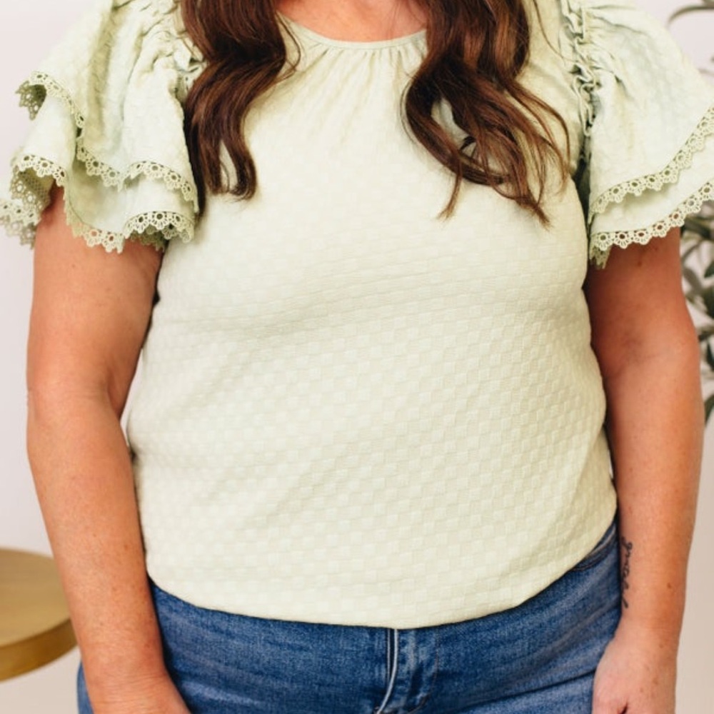 Like New, Sage, Jacquard Puff Sleeve Blouse. Size large